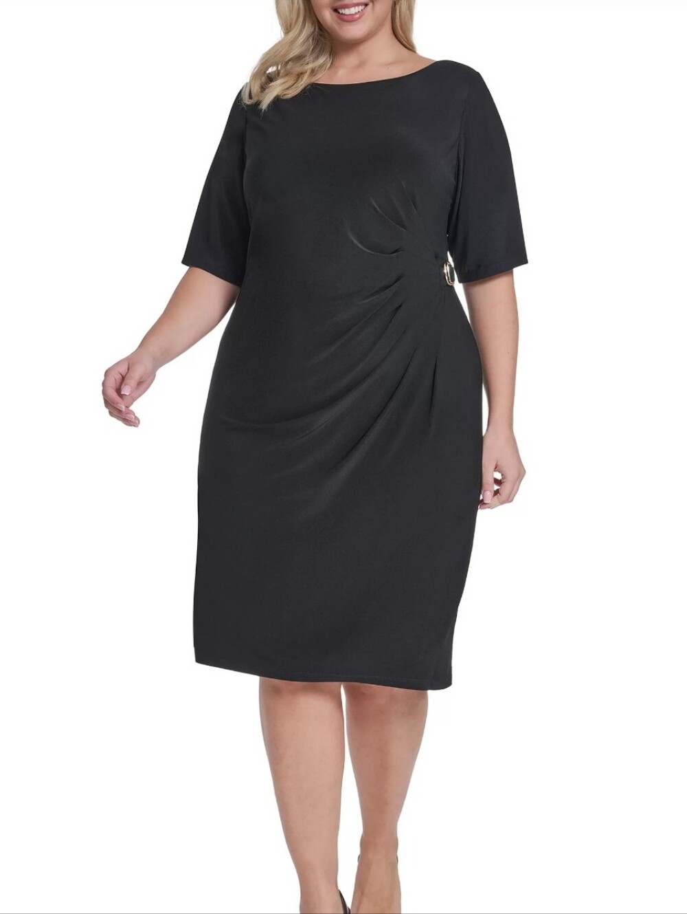 Classic Black Long-Sleeve Draped Midi Dress